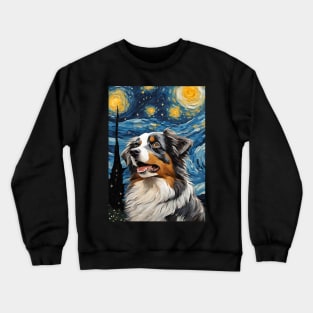 Adorable Australian Shepherd Dog Breed Painting in a Van Gogh Starry Night Art Style Crewneck Sweatshirt